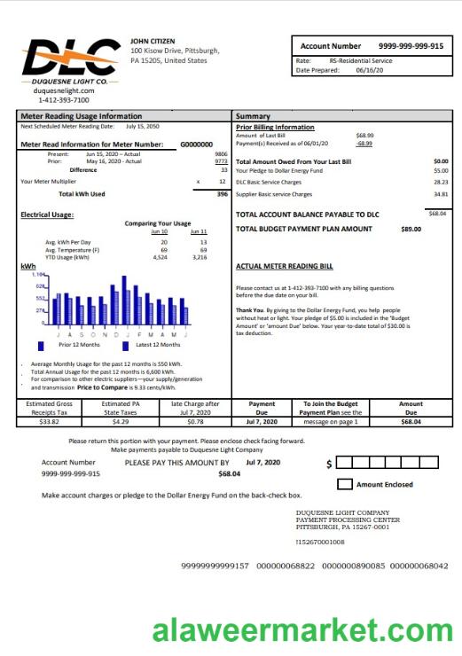 USA Pennsylvania Duquesne light utility bill template in Word and PDF format
